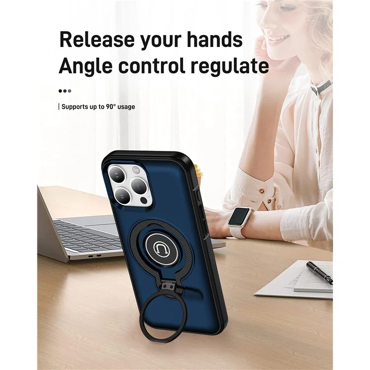 Für iPhone 16 Pro Max Hülle TPU + PC Magnetische Kfz-Halterung Handyhülle mit Ringständer - Marineblau