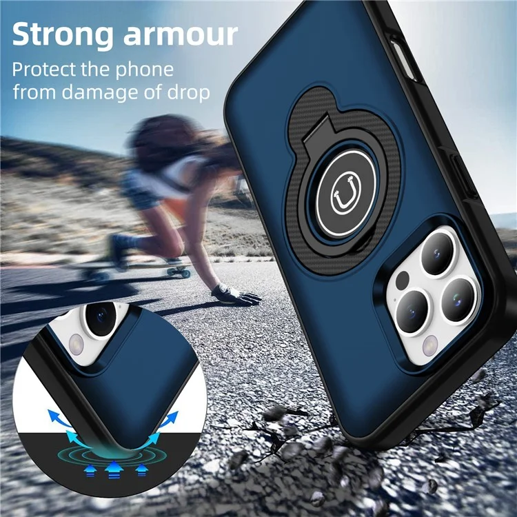 Für iPhone 16 Pro Max Hülle TPU + PC Magnetische Kfz-Halterung Handyhülle mit Ringständer - Marineblau