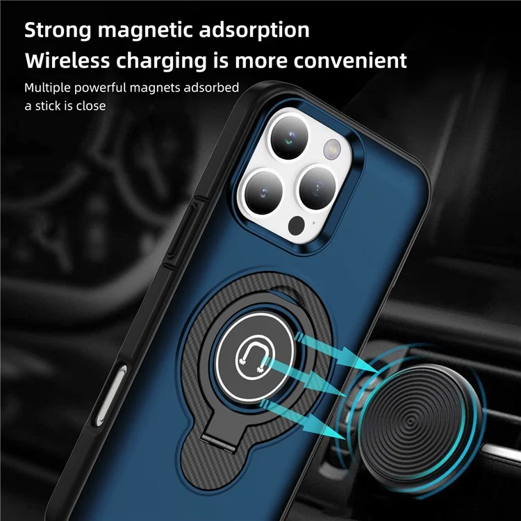 Für iPhone 16 Pro Max Hülle TPU + PC Magnetische Kfz-Halterung Handyhülle mit Ringständer - Marineblau