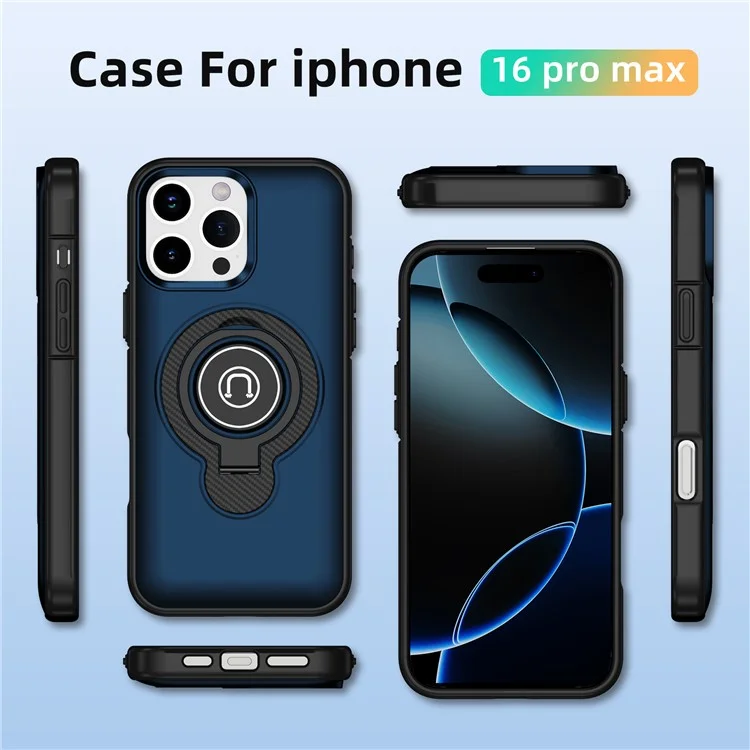 Für iPhone 16 Pro Max Hülle TPU + PC Magnetische Kfz-Halterung Handyhülle mit Ringständer - Marineblau