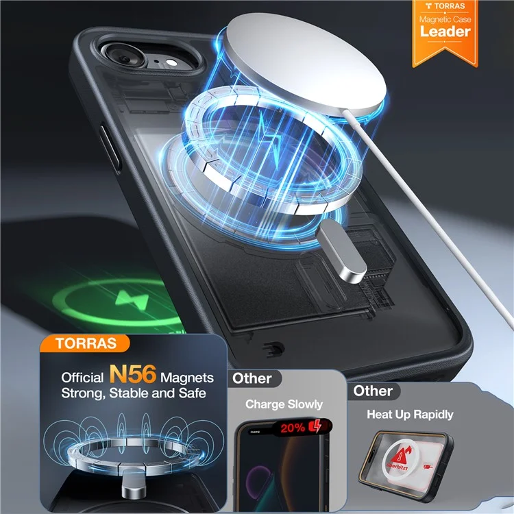 TORRAS Pour Étui iPhone 16e Magnétique Mat PC + TPU Coque de Téléphone - Noir