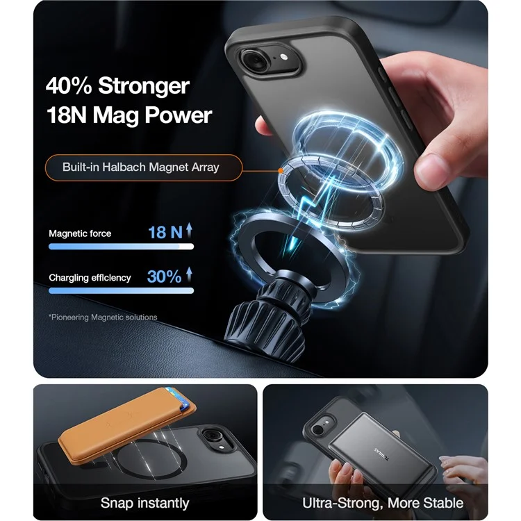 TORRAS Pour Étui iPhone 16e Magnétique Mat PC + TPU Coque de Téléphone - Noir