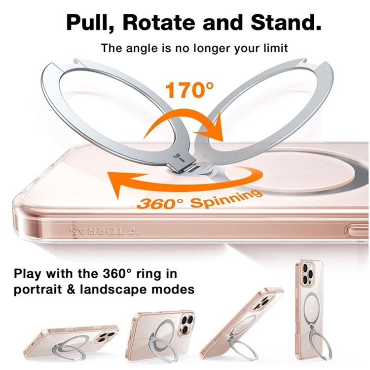 TORRAS Per iPhone 16e Cover Magnetico Rotante con Supporto in PC + TPU - Trasparente