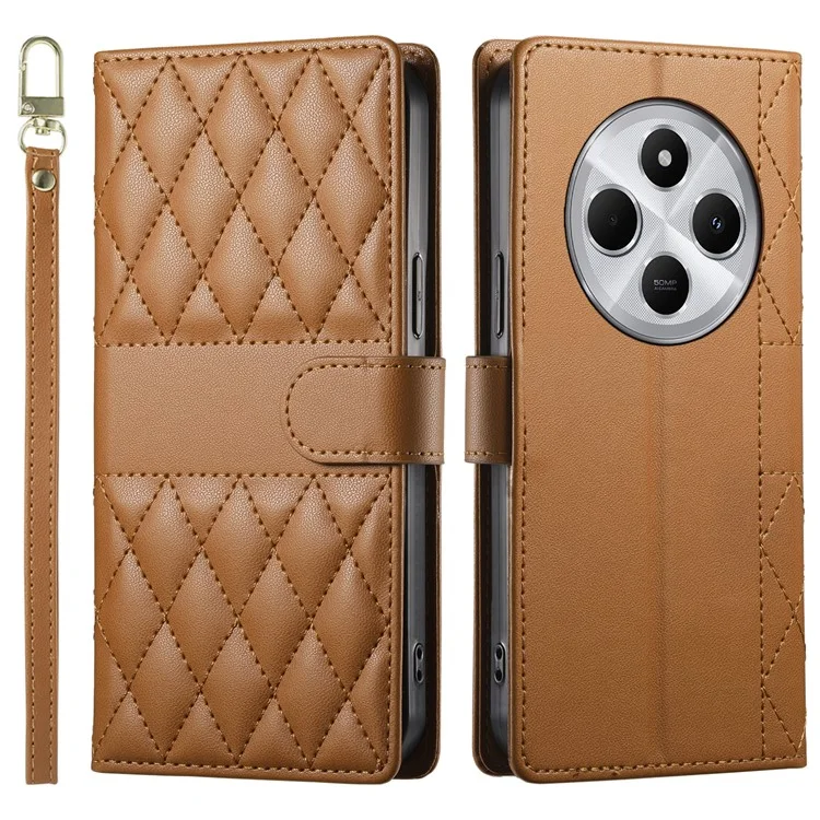 Capa de Couro para Xiaomi Redmi 14C 4G / 14R 5G / A3 Pro 4G / A4 5G / Poco C75 4G Capa de Telefone com Costura Romboidal com Alça Longa / Curta - Marrom