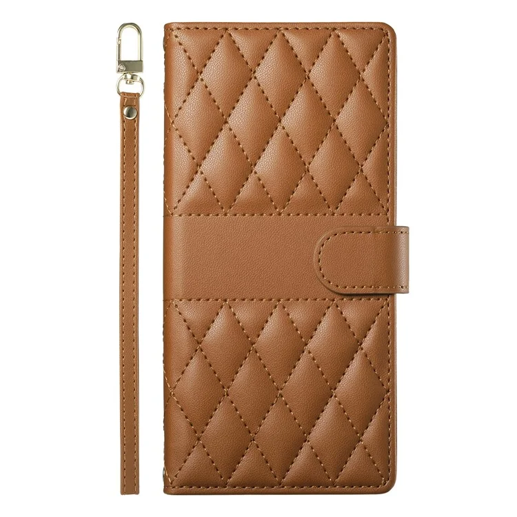 Capa de Couro para Xiaomi Redmi 14C 4G / 14R 5G / A3 Pro 4G / A4 5G / Poco C75 4G Capa de Telefone com Costura Romboidal com Alça Longa / Curta - Marrom