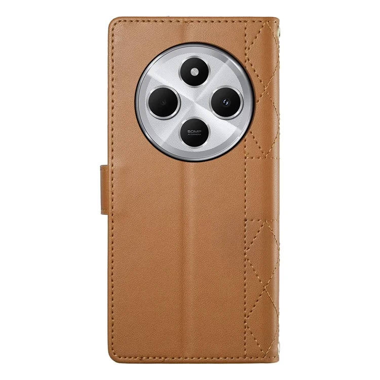Capa de Couro para Xiaomi Redmi 14C 4G / 14R 5G / A3 Pro 4G / A4 5G / Poco C75 4G Capa de Telefone com Costura Romboidal com Alça Longa / Curta - Marrom