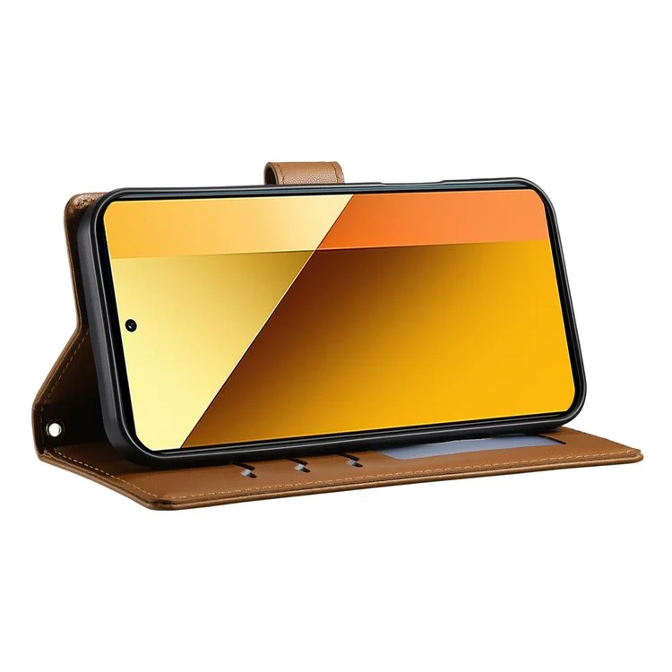 Capa de Couro para Xiaomi Redmi 14C 4G / 14R 5G / A3 Pro 4G / A4 5G / Poco C75 4G Capa de Telefone com Costura Romboidal com Alça Longa / Curta - Marrom