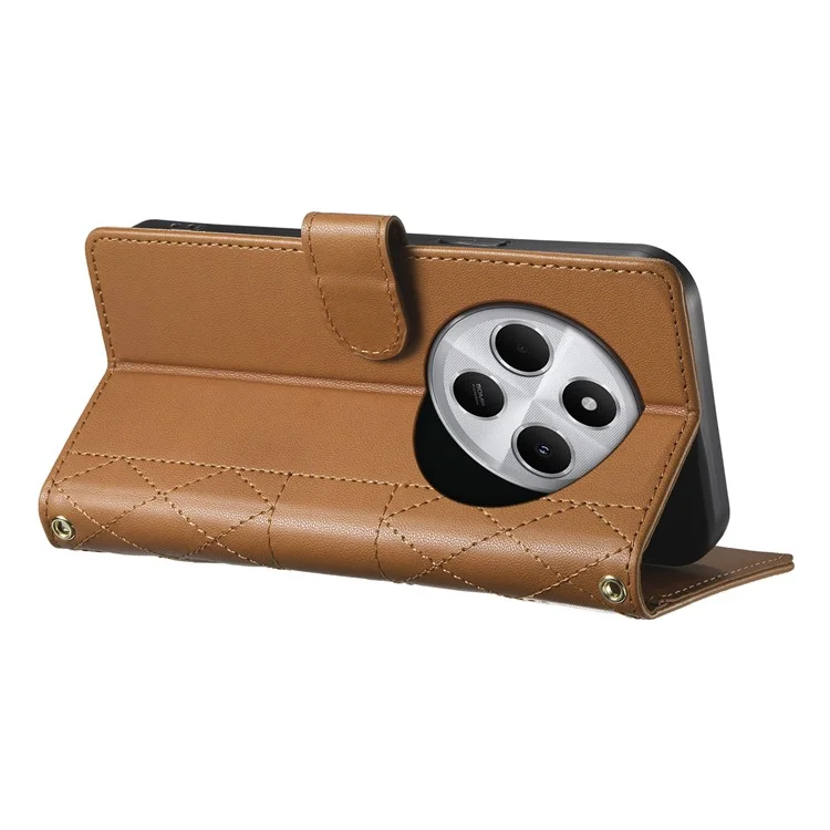 Capa de Couro para Xiaomi Redmi 14C 4G / 14R 5G / A3 Pro 4G / A4 5G / Poco C75 4G Capa de Telefone com Costura Romboidal com Alça Longa / Curta - Marrom