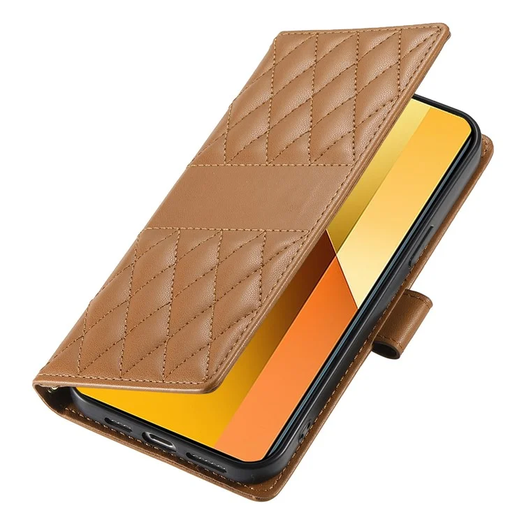 Capa de Couro para Xiaomi Redmi 14C 4G / 14R 5G / A3 Pro 4G / A4 5G / Poco C75 4G Capa de Telefone com Costura Romboidal com Alça Longa / Curta - Marrom