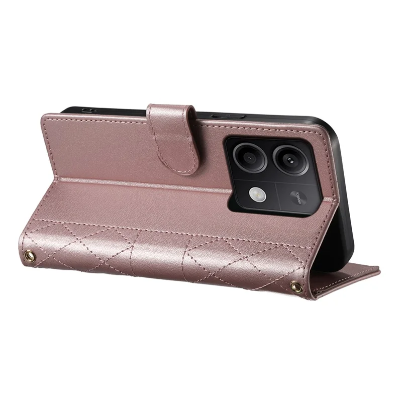 Voor Xiaomi Redmi Note 13 5G hoesje Ruitvormige steekportemonnee standaard lederen telefoonhoes met lange / korte draagband - Roze goud