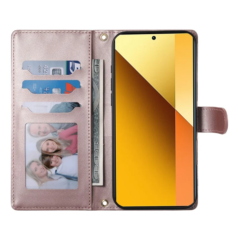 Voor Xiaomi Redmi Note 13 5G hoesje Ruitvormige steekportemonnee standaard lederen telefoonhoes met lange / korte draagband - Roze goud