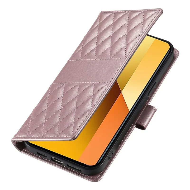 Voor Xiaomi Redmi Note 13 5G hoesje Ruitvormige steekportemonnee standaard lederen telefoonhoes met lange / korte draagband - Roze goud