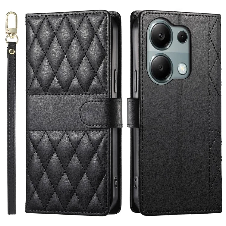 Funda tipo cartera para Xiaomi Redmi Note 13 Pro 4G / Poco M6 Pro 4G con diseño de rombos, soporte y correa larga o corta - Negro