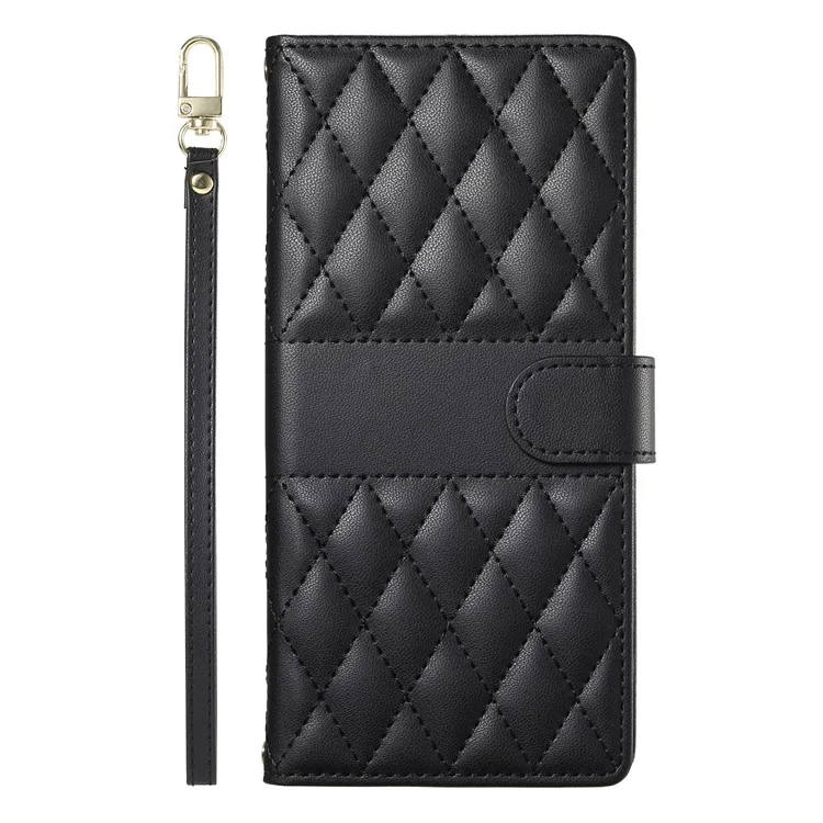 Funda tipo cartera para Xiaomi Redmi Note 13 Pro 4G / Poco M6 Pro 4G con diseño de rombos, soporte y correa larga o corta - Negro