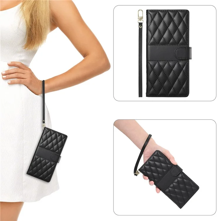 Funda tipo cartera para Xiaomi Redmi Note 13 Pro 4G / Poco M6 Pro 4G con diseño de rombos, soporte y correa larga o corta - Negro
