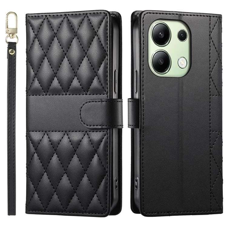 Capa para Xiaomi Redmi Note 13 4G Estojo Carteira com Costura em Losango, Suporte e Alça Longa / Curta - Preto