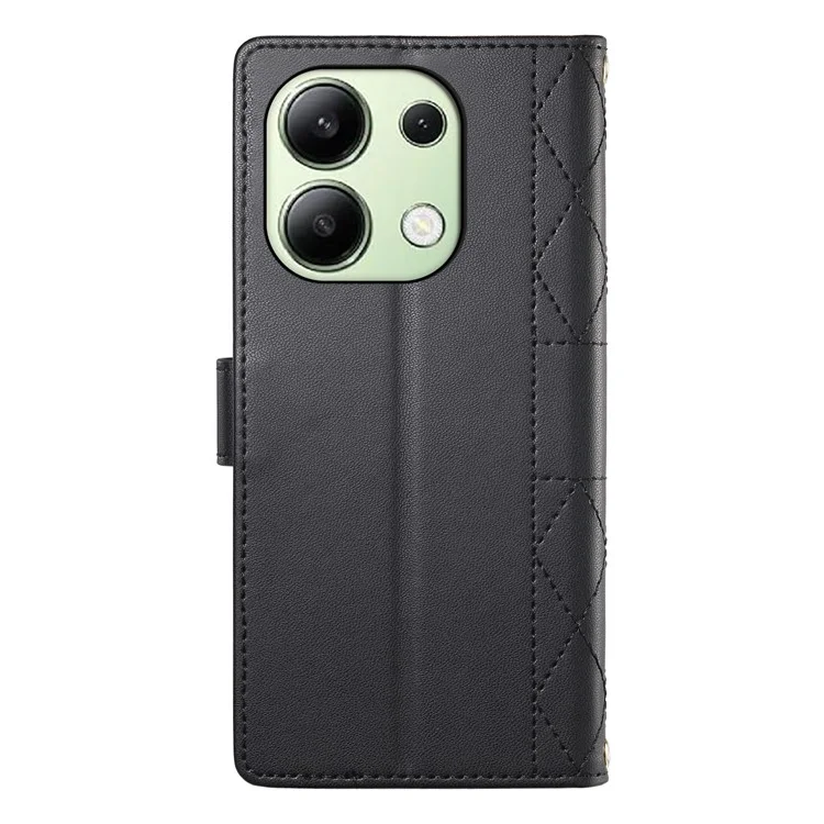 Capa para Xiaomi Redmi Note 13 4G Estojo Carteira com Costura em Losango, Suporte e Alça Longa / Curta - Preto