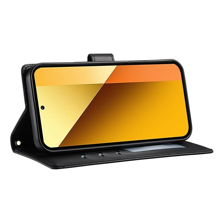 Capa para Xiaomi Redmi Note 13 4G Estojo Carteira com Costura em Losango, Suporte e Alça Longa / Curta - Preto