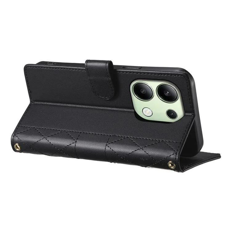Capa para Xiaomi Redmi Note 13 4G Estojo Carteira com Costura em Losango, Suporte e Alça Longa / Curta - Preto
