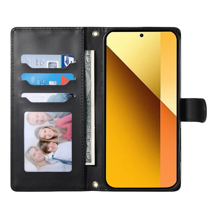 Capa para Xiaomi Redmi Note 13 4G Estojo Carteira com Costura em Losango, Suporte e Alça Longa / Curta - Preto