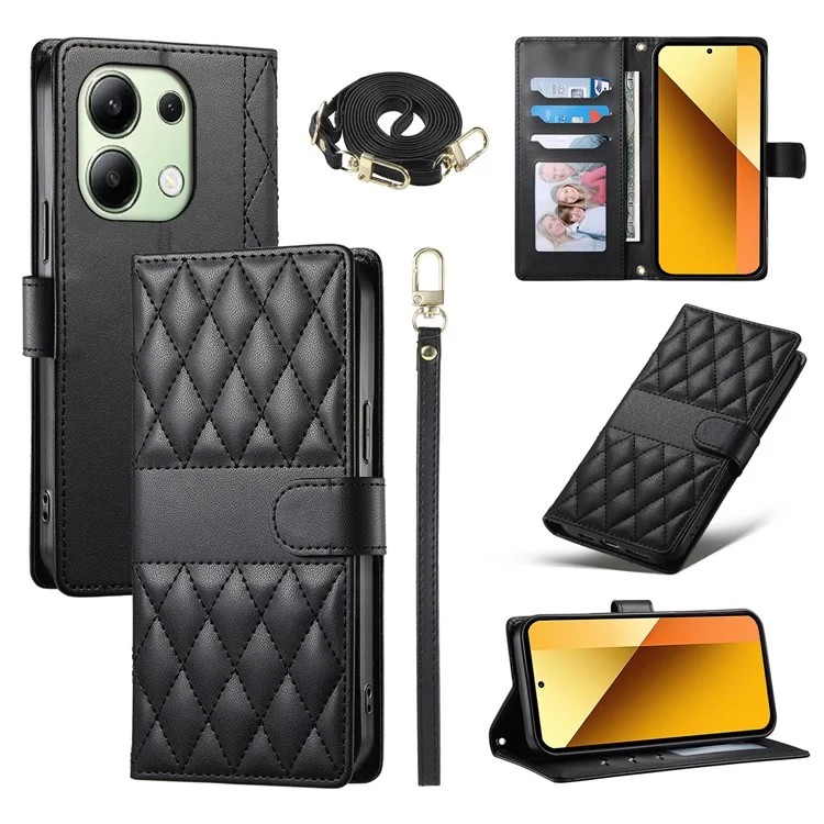 Capa para Xiaomi Redmi Note 13 4G Estojo Carteira com Costura em Losango, Suporte e Alça Longa / Curta - Preto