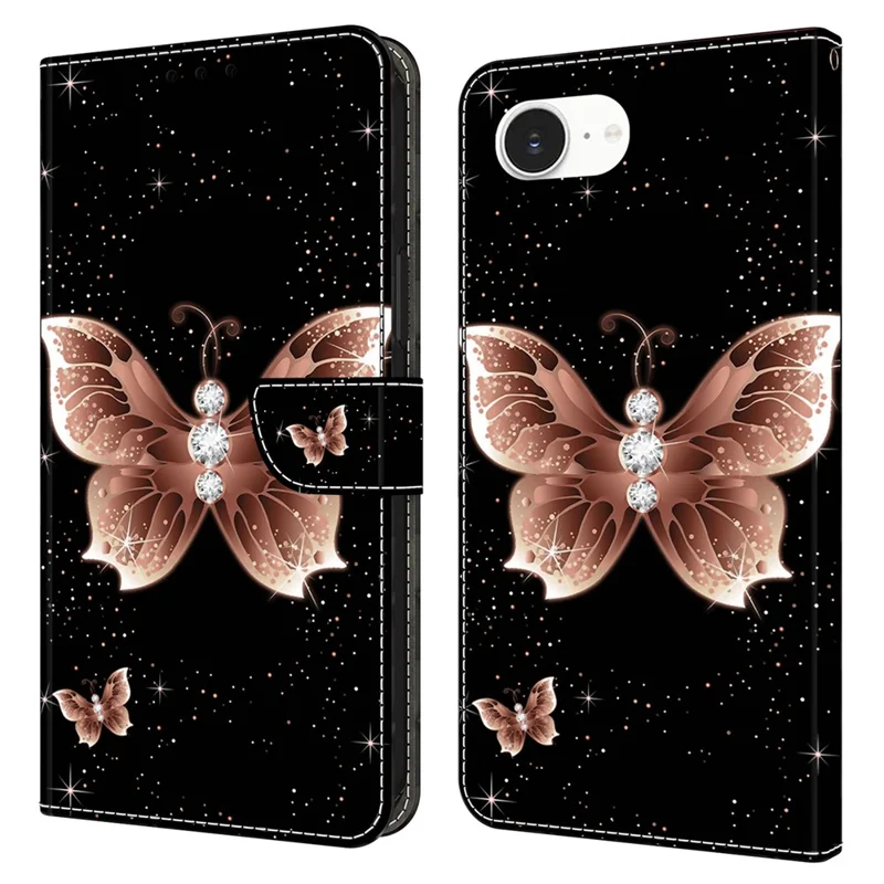 For iPhone 16e Case 3D Pattern PU Leather Wallet Phone Cover with Stand - Pink Diamond Butterfly
