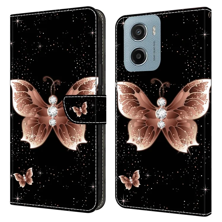 For Motorola Moto E15 4G Case 3D Pattern PU Leather Wallet Phone Cover with Stand - Pink Diamond Butterfly