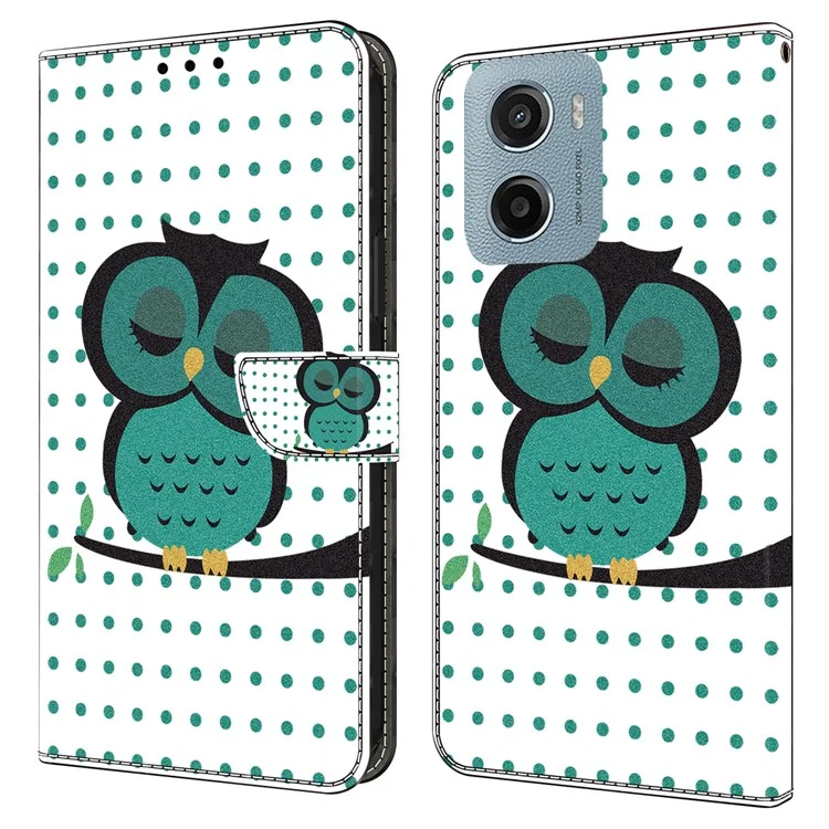 For Motorola Moto E15 4G Case Magnetic Clasp 3D Pattern Leather Wallet Phone Cover - Sleeping Owl