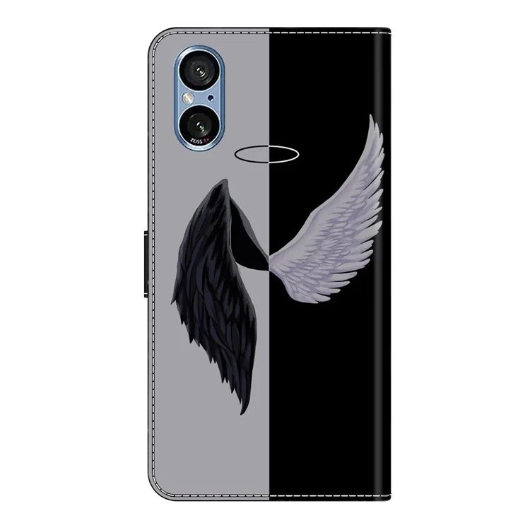 Für Sony Xperia 5 V Hülle Magnetverschluss 3D-Muster Leder Brieftasche Handyhülle - Schwarz / Weiße Flügel