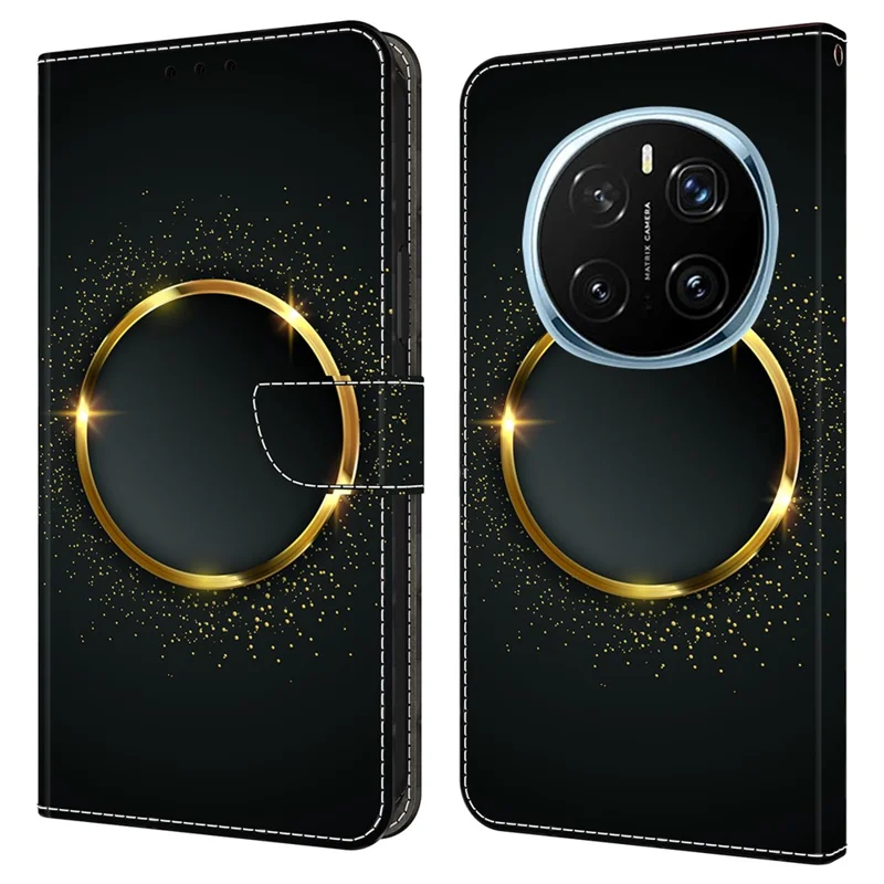 Obudowa do Honor Magic7 Pro 5G, etui portfel z folią poliuretanową z podstawką - złoty pierścień