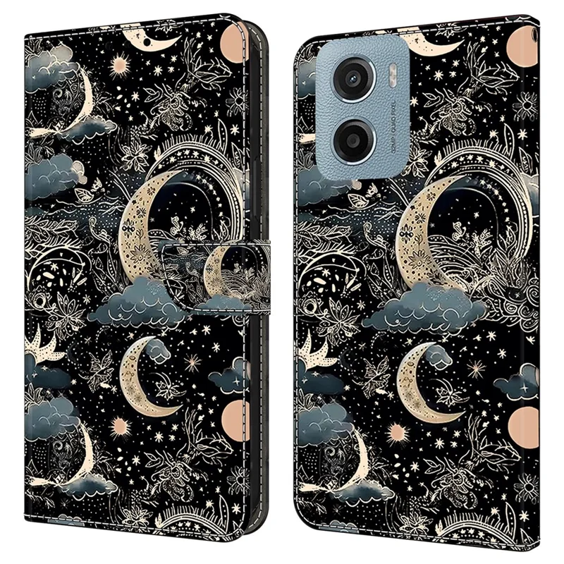 For Motorola Moto E15 4G Case PU Leather Wallet Phone Cover with Stand - Moon