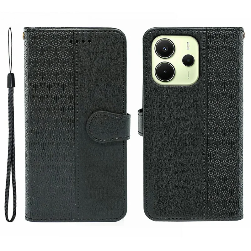 For Xiaomi Redmi Note 14 4G (163.25mm) Case Anti Scratch Splicing Imprinted Rhombus Leather Phone Cover with Hand Strap - Black