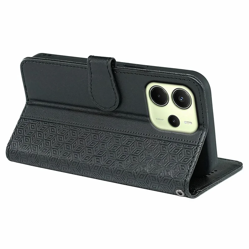 For Xiaomi Redmi Note 14 4G (163.25mm) Case Anti Scratch Splicing Imprinted Rhombus Leather Phone Cover with Hand Strap - Black