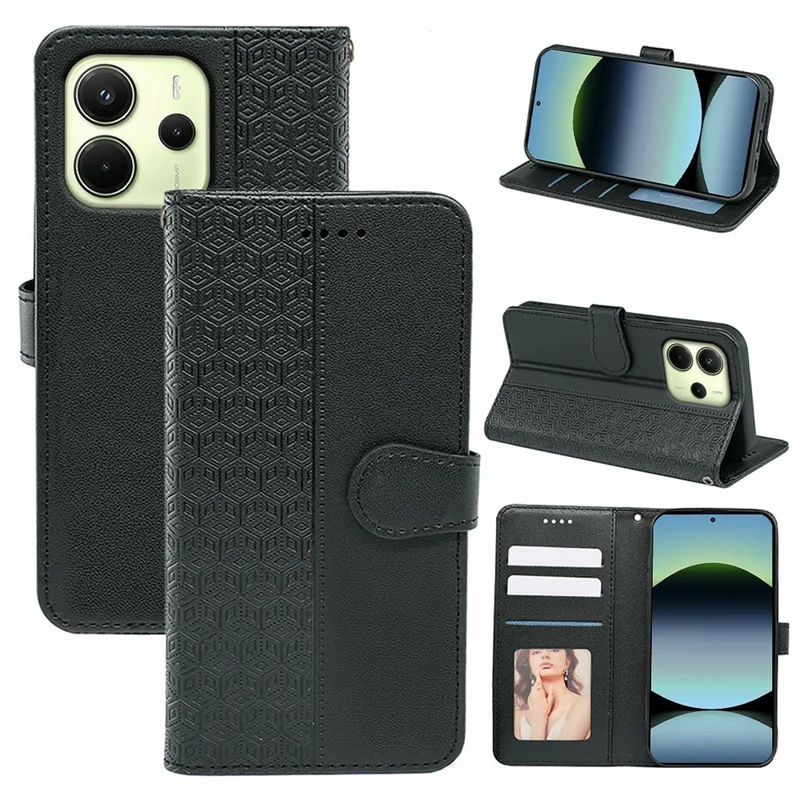 For Xiaomi Redmi Note 14 4G (163.25mm) Case Anti Scratch Splicing Imprinted Rhombus Leather Phone Cover with Hand Strap - Black