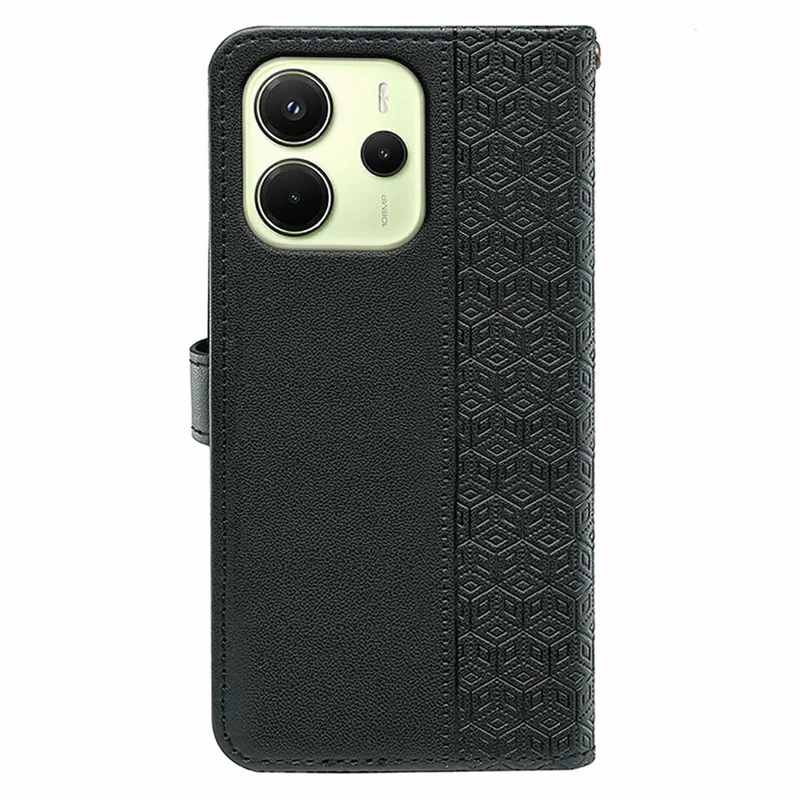 For Xiaomi Redmi Note 14 4G (163.25mm) Case Anti Scratch Splicing Imprinted Rhombus Leather Phone Cover with Hand Strap - Black