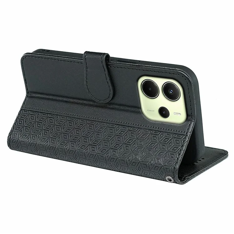 For Xiaomi Redmi Note 14 4G (164.84mm) Case Anti Scratch Splicing Imprinted Rhombus Leather Phone Cover with Hand Strap - Black