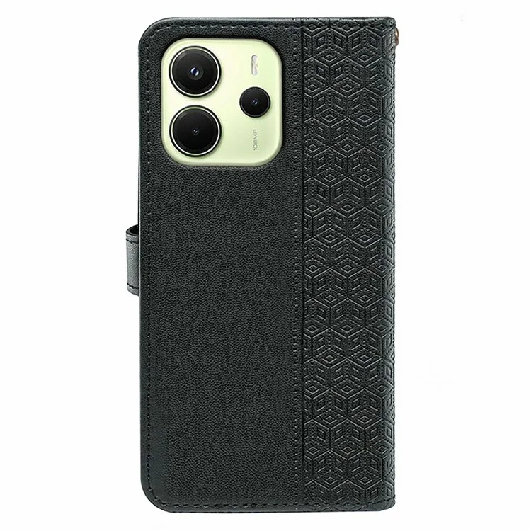 For Xiaomi Redmi Note 14 4G (164.84mm) Case Anti Scratch Splicing Imprinted Rhombus Leather Phone Cover with Hand Strap - Black