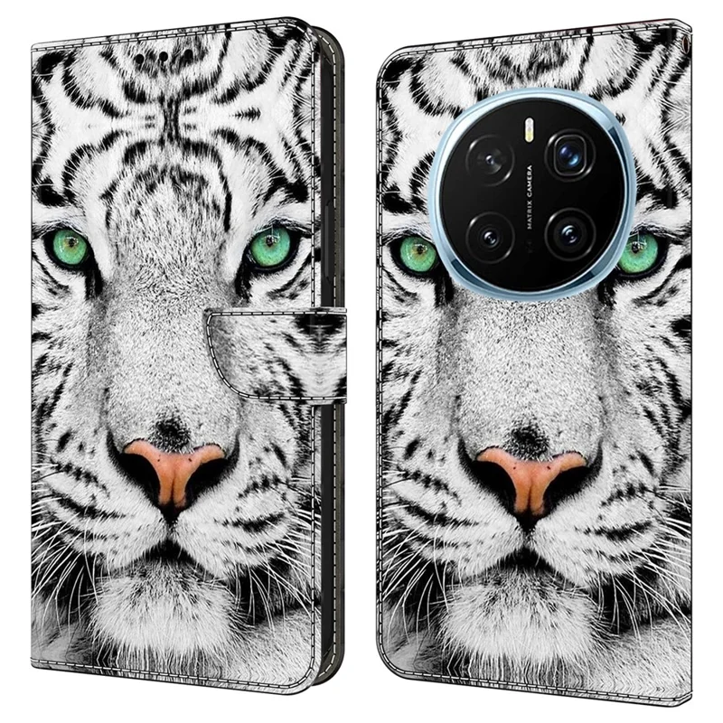 For Honor Magic7 Pro 5G Case with Card Slot Pattern Printed TPU+PU Leather Flip Phone Cover - Tiger Face
