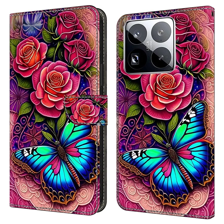 Funda de cuero PU para Xiaomi 15 Pro con cartera y soporte - Mariposa colorida