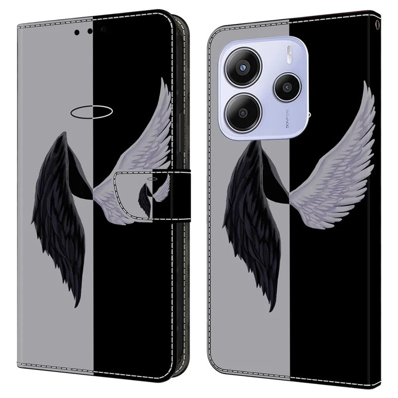For Xiaomi Redmi Note 14 5G Case Magnetic Clasp 3D Pattern Leather Wallet Phone Cover - Black  /  White Wings