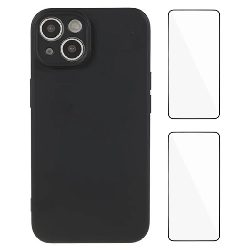 WANLONFENG RB3 Series For iPhone 15 Case with 2Pcs Screen Film, Precise Lens Hole Soft TPU Phone Back Cover - Black