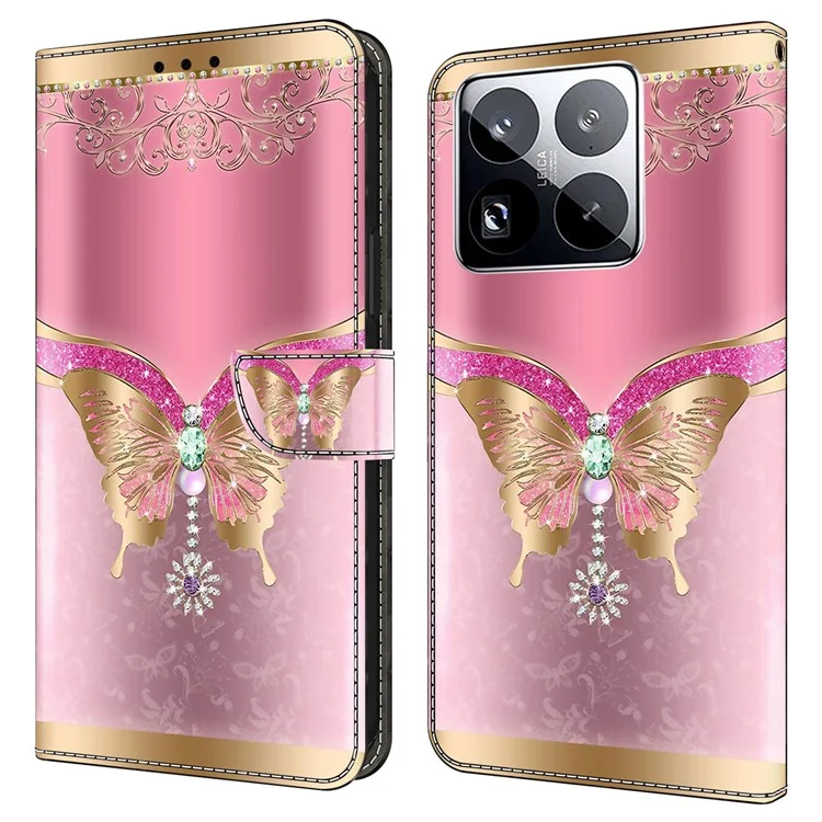 Funda para Xiaomi 15 Pro con Patrón 3D de Cuero PU con Cartera y Soporte - Mariposa Rosa / Dorada