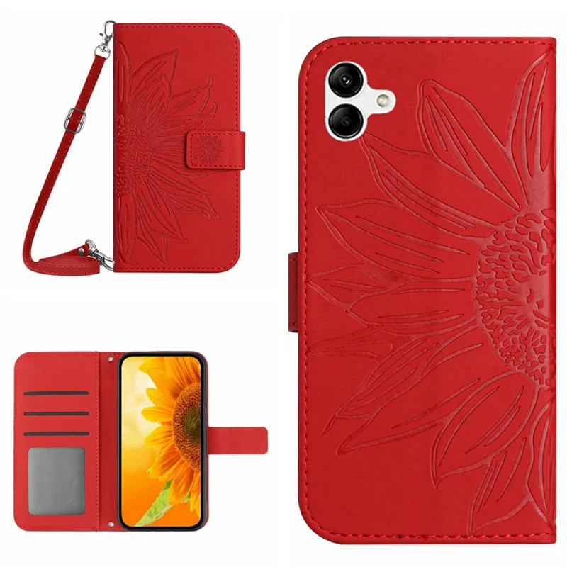 For Samsung Galaxy A06 5G Case Sunflower Imprint PU Leather Phone Cover with Long Strap - Red