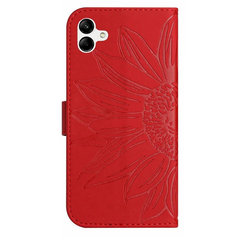 For Samsung Galaxy A06 5G Case Sunflower Imprint PU Leather Phone Cover with Long Strap - Red