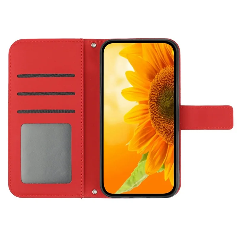 For Samsung Galaxy A06 5G Case Sunflower Imprint PU Leather Phone Cover with Long Strap - Red
