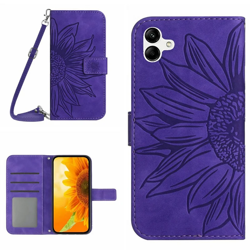 For Samsung Galaxy A06 5G Case Sunflower Imprint PU Leather Phone Cover with Long Strap - Dark Purple