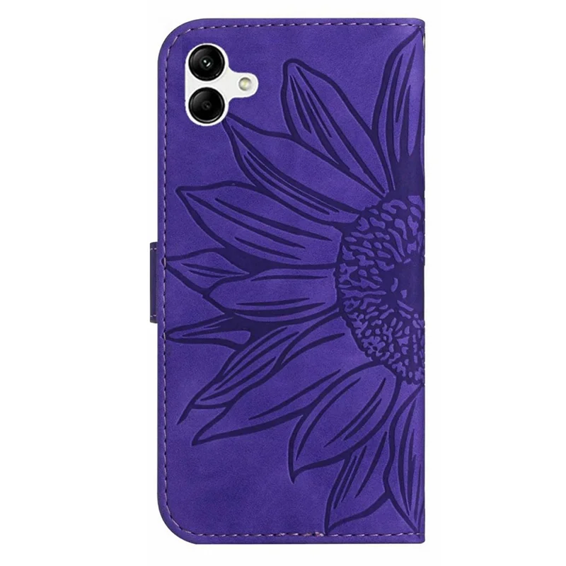 For Samsung Galaxy A06 5G Case Sunflower Imprint PU Leather Phone Cover with Long Strap - Dark Purple