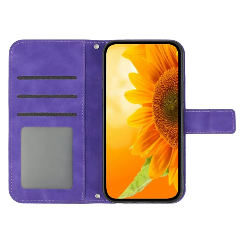 For Samsung Galaxy A06 5G Case Sunflower Imprint PU Leather Phone Cover with Long Strap - Dark Purple