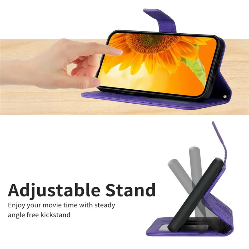 For Samsung Galaxy A06 5G Case Sunflower Imprint PU Leather Phone Cover with Long Strap - Dark Purple