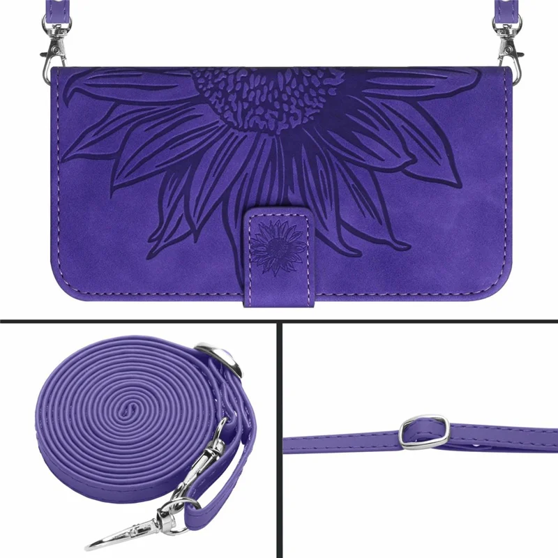 For Samsung Galaxy A06 5G Case Sunflower Imprint PU Leather Phone Cover with Long Strap - Dark Purple
